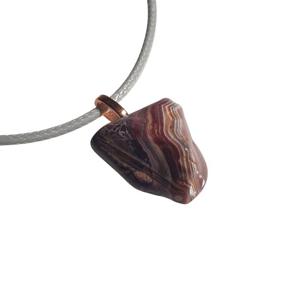 Lace Agate Gemstone Pendant Necklace Gray Leather Cord Adjustable 17" to 19" - Picture 3 of 5